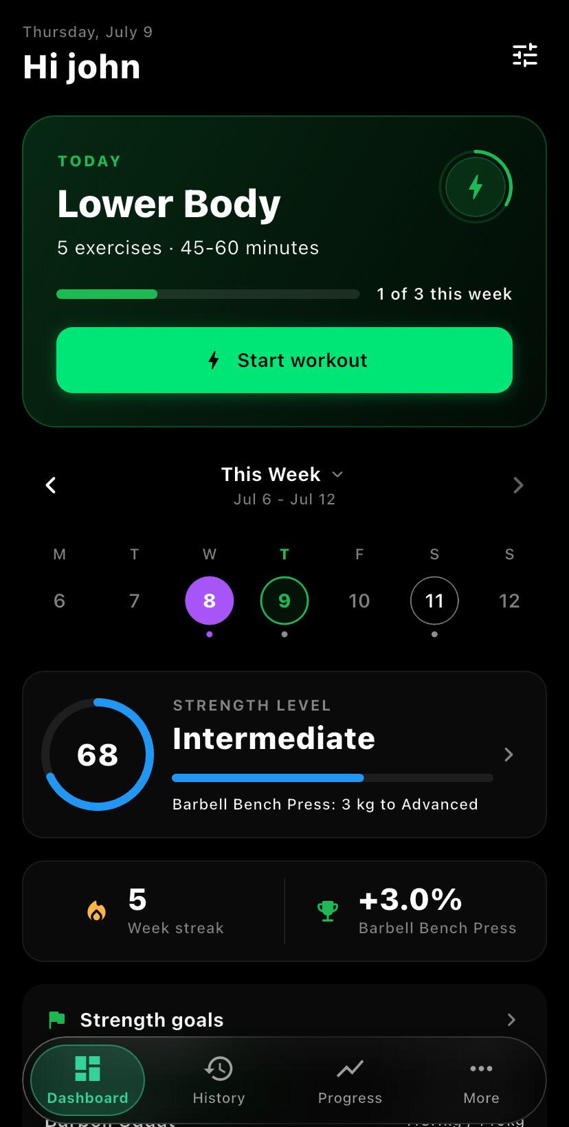Buli app home screen with weekly plan and dashboard