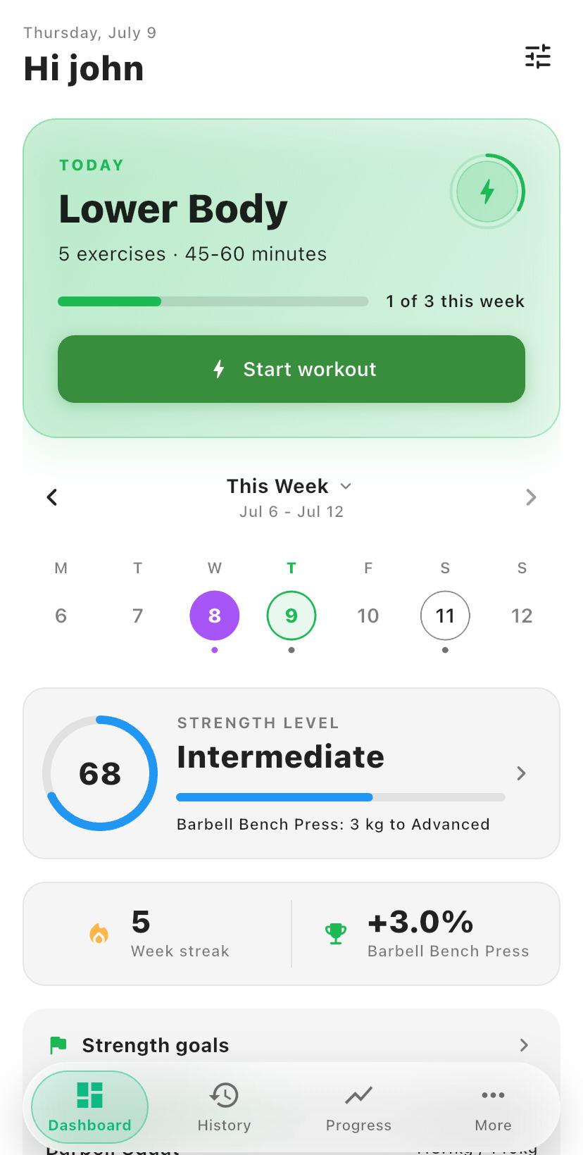 Buli app home screen with weekly plan and dashboard