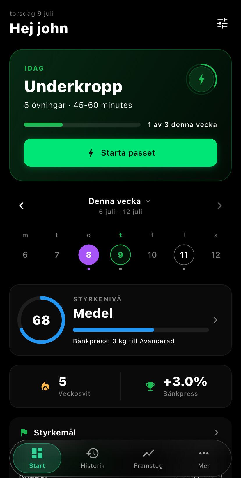 Bulis startsida med veckoplan och översikt
