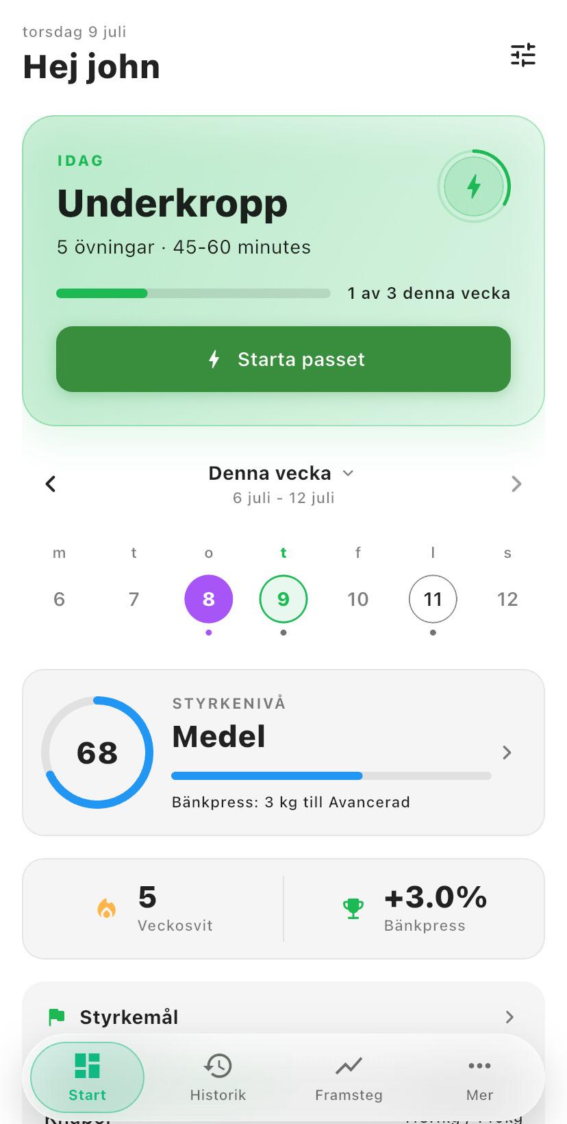 Bulis startsida med veckoplan och översikt